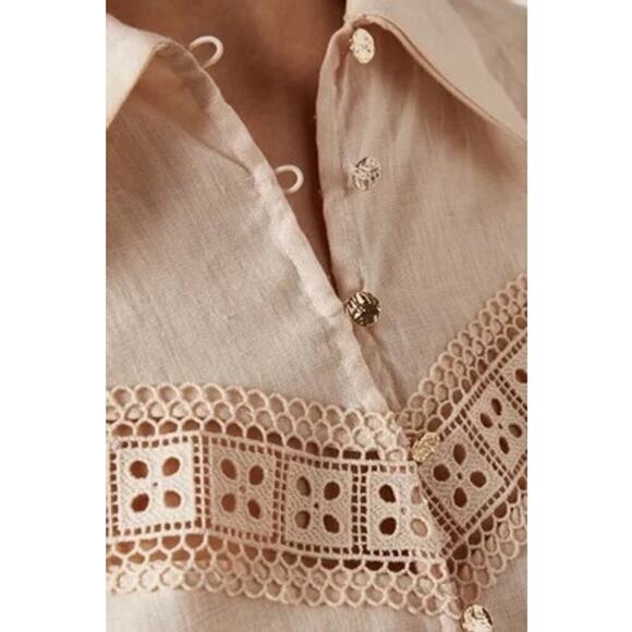 Keepsake Linen Lace Blouse Gold Button Long Sleeve Top L NWT - Picture 3 of 7